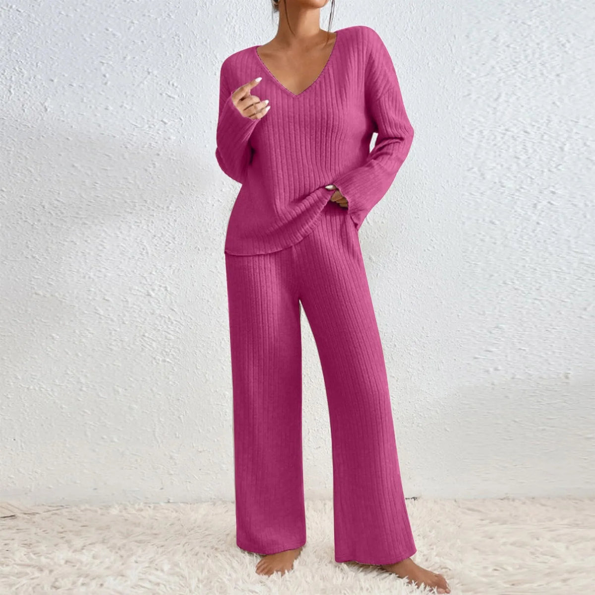 Ensemble de Loungewear Élégant avec Haut à Manches Longues et Pantalons Amples