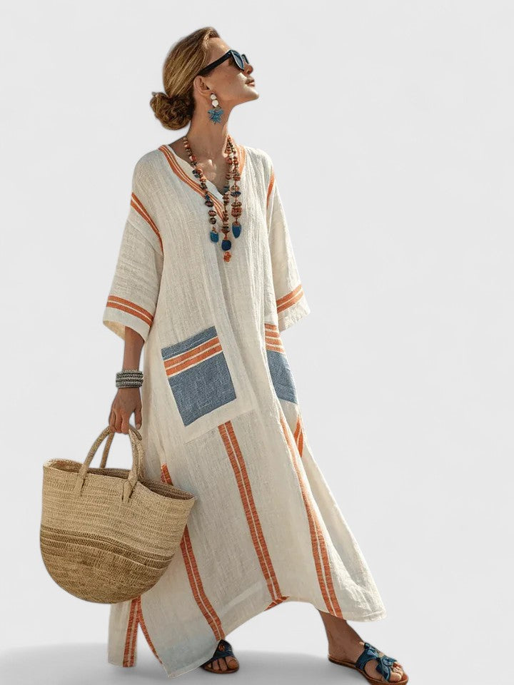Robe Maxi d'Été pour Femme | Kaftan Rayé à Col V