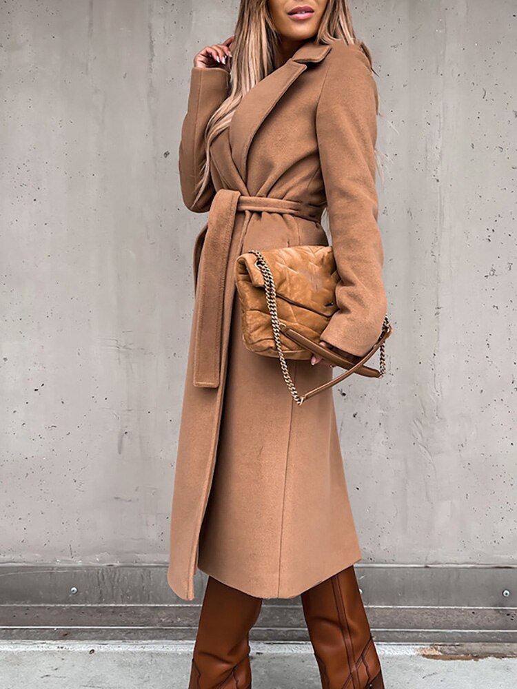 Manteau pour Femme avec Ceinture et Col à Revers pour l'Automne