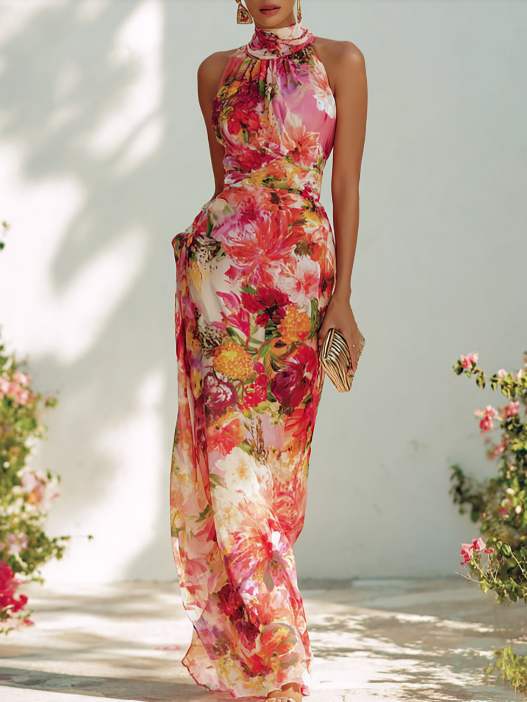 Daniefa | Robe Maxi Florale avec Décolleté Halter