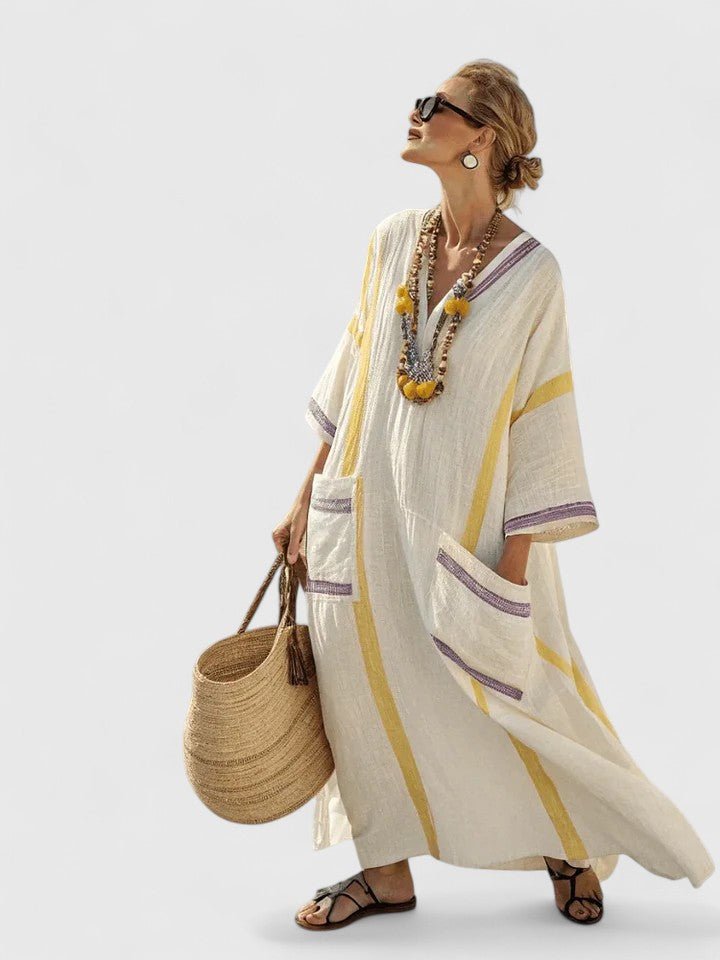 Robe Maxi d'Été pour Femme | Kaftan Rayé à Col V