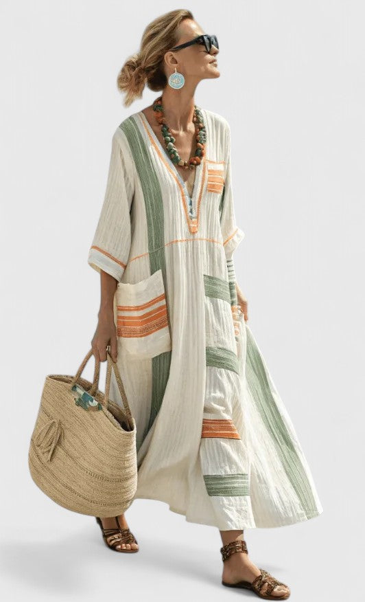 Robe Maxi d'Été pour Femme | Kaftan Rayé à Col V