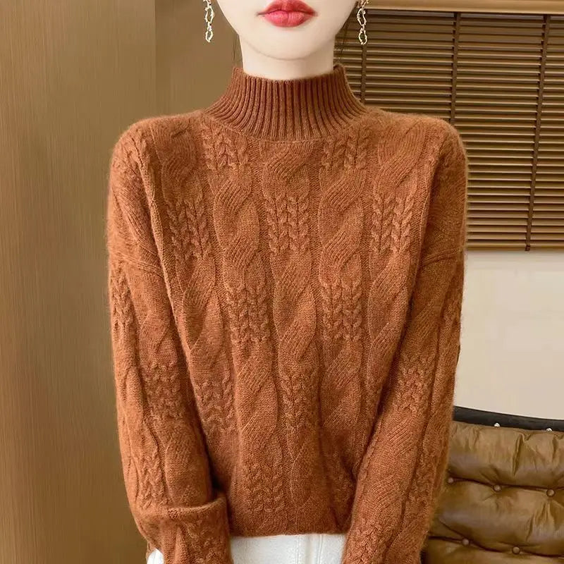 Pull en Cachemire Femme – Maille Torsadée et Col Mi-Haut Intemporel