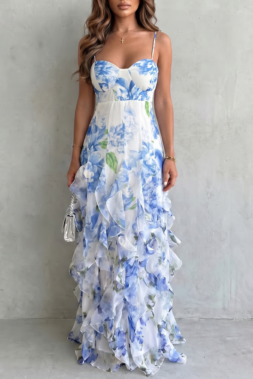 Sestina | Robe maxi femme avec motif floral et volants