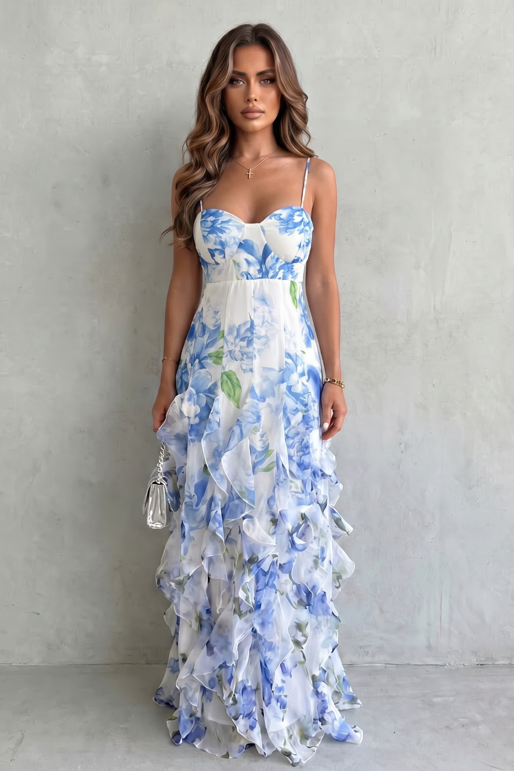 Sestina | Robe maxi femme avec motif floral et volants