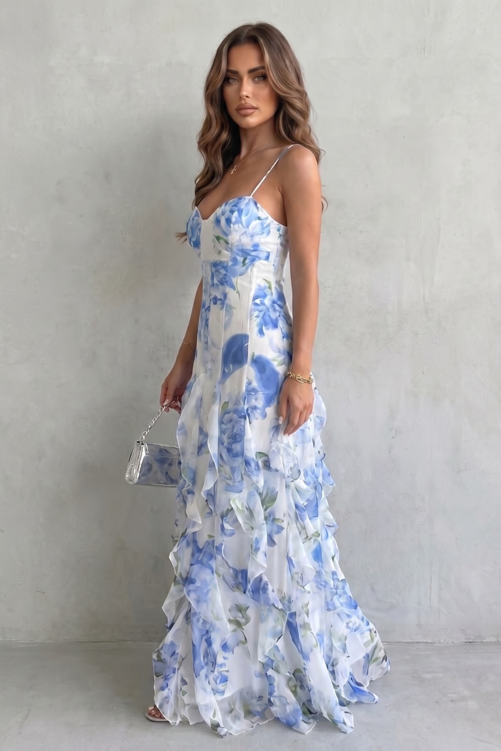 Sestina | Robe maxi femme avec motif floral et volants