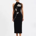 Robe Midi Sans Dos Ornée de Plumes