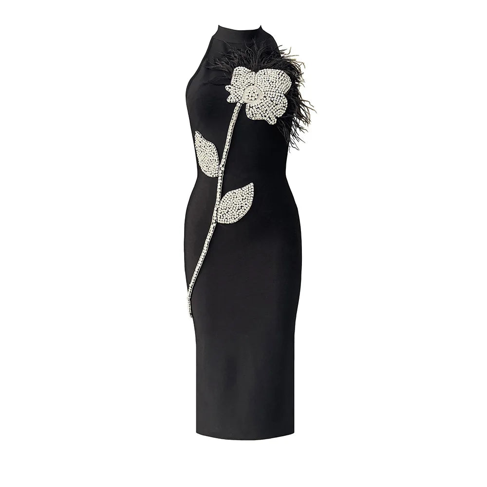 Robe Midi Sans Dos Ornée de Plumes