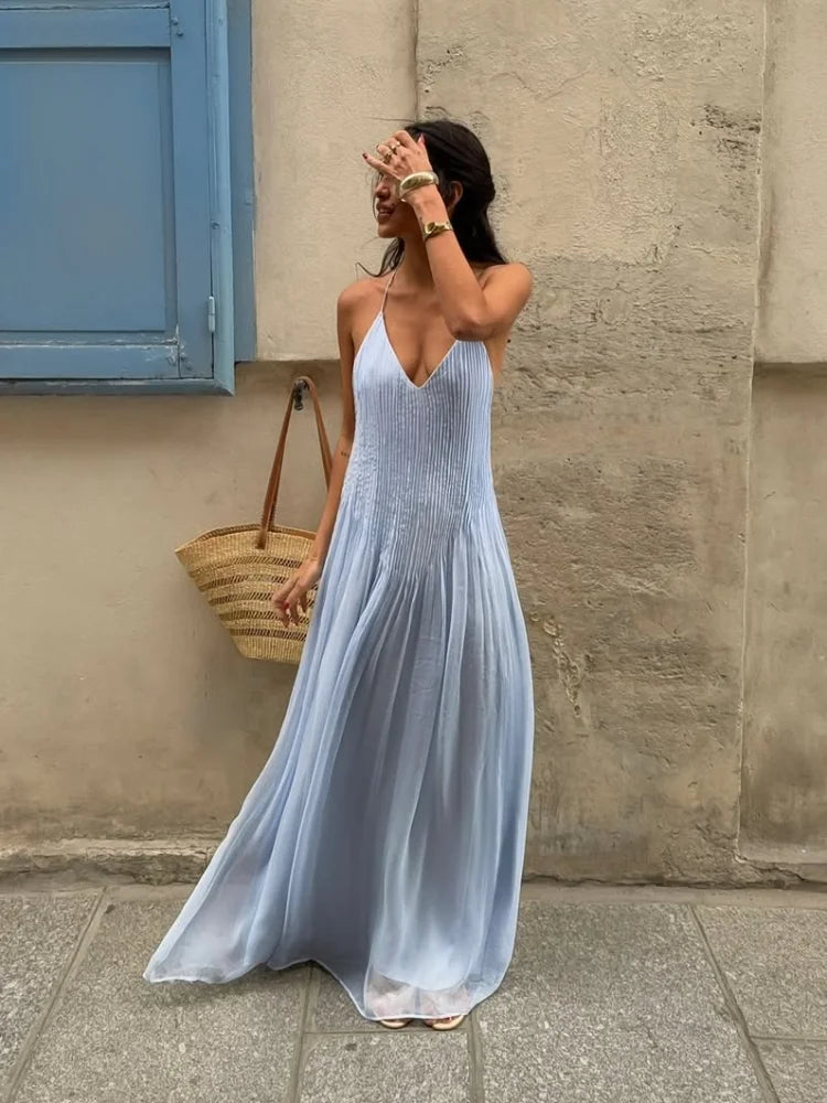Robe Maxi à Bretelles Spaghetti Plissée avec Silhouette Fluide