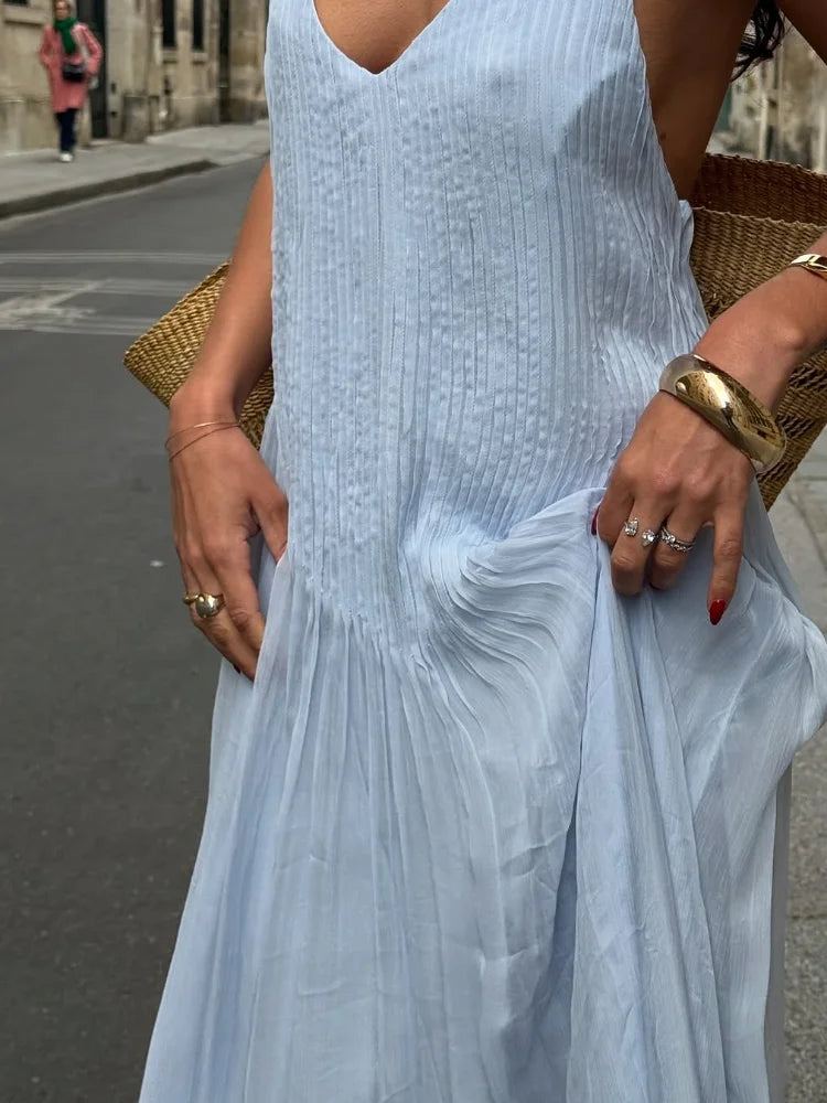Robe Maxi à Bretelles Spaghetti Plissée avec Silhouette Fluide