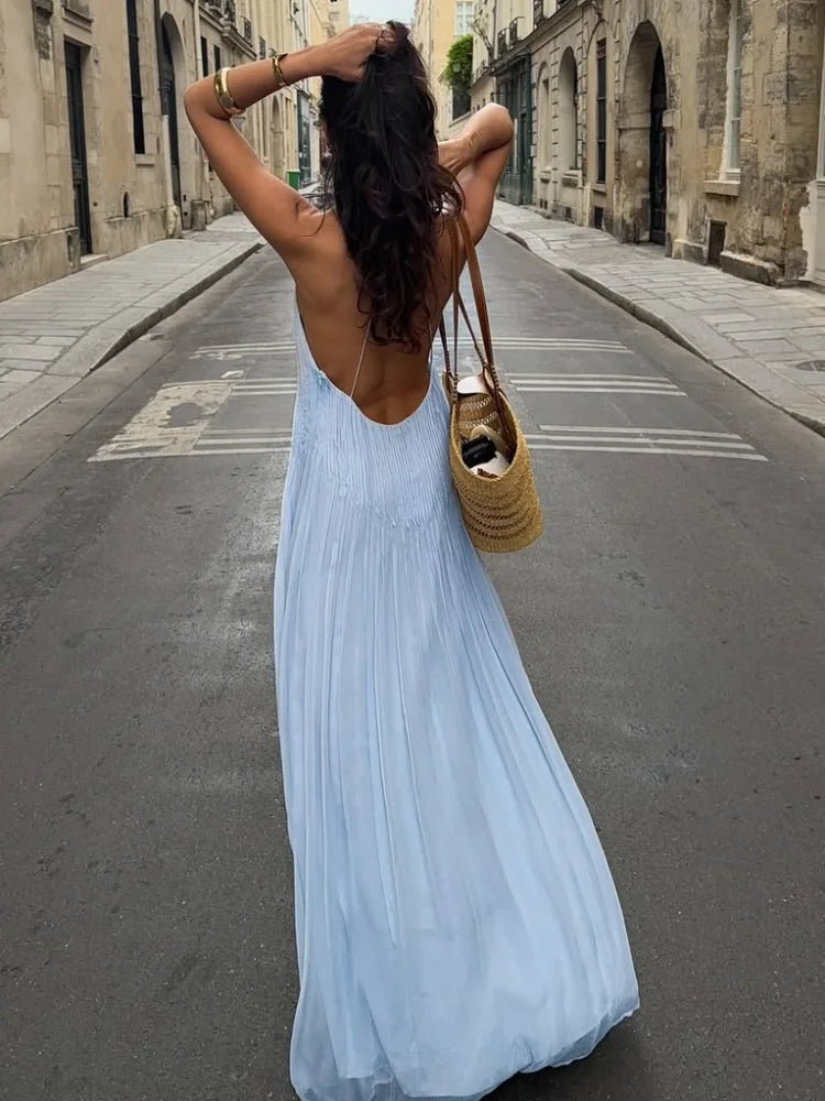 Robe Maxi à Bretelles Spaghetti Plissée avec Silhouette Fluide