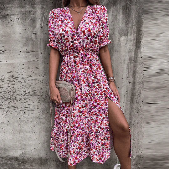 Robe Midi Boho Femme | V-Cou Smocké Floral