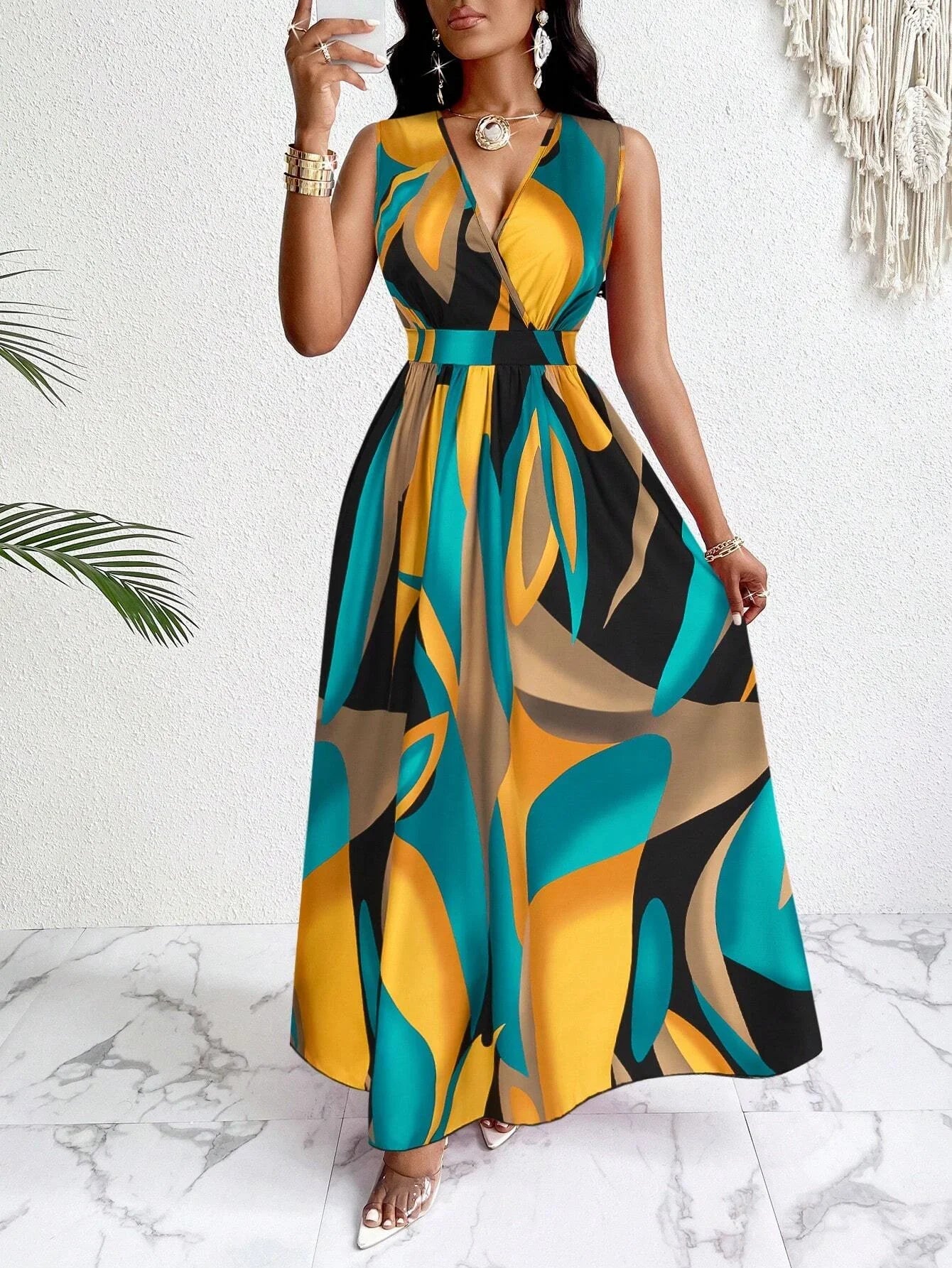 Nova | Robe Maxi Sans Manches à Imprimé Abstrait pour Femme