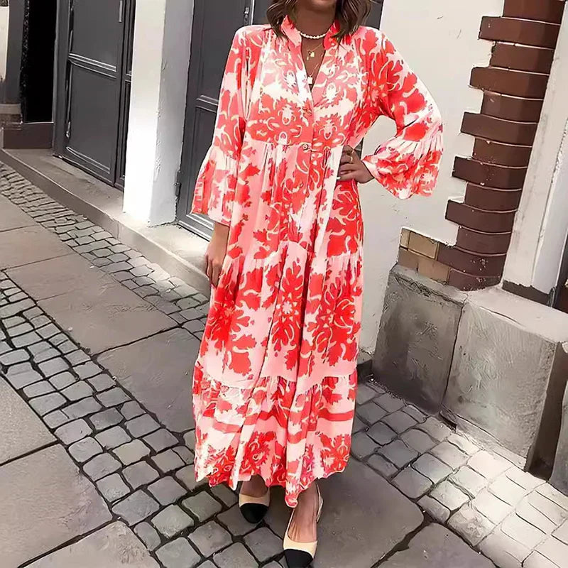 Kate | Robe Midi Imprimée Boho à Manches Longues pour Femmes
