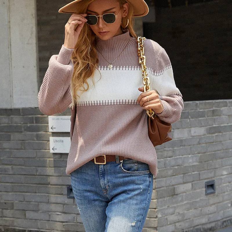 Pull Femme Tricoté avec Col Haut et Design en Blocs de Couleurs