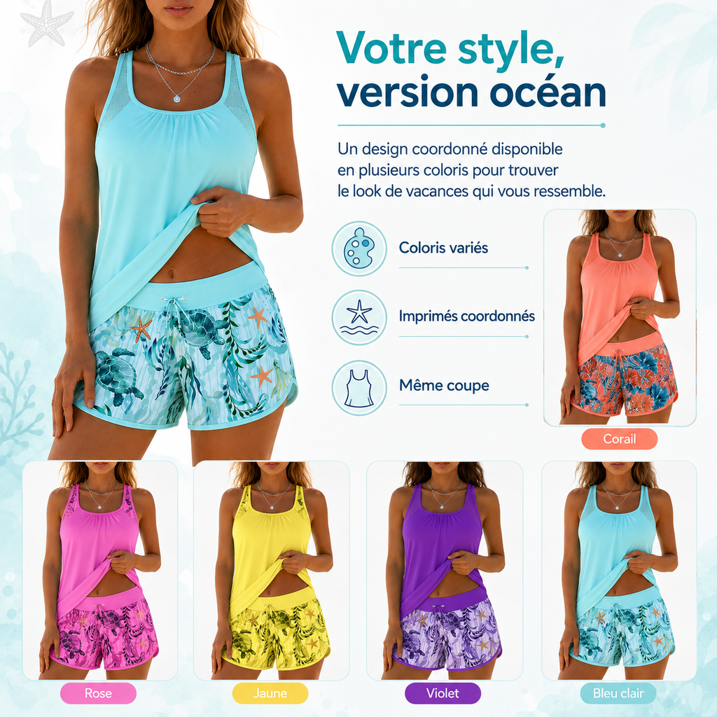 Tankini Divisé à Imprimé Océan Élégant