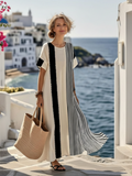 Elara | Robe Maxi Rayée à Col Rond à Manches Courtes