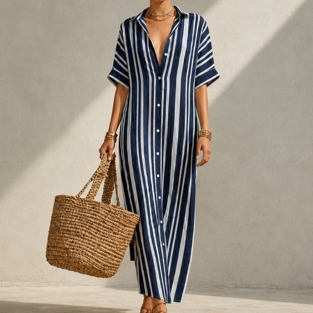 Robe maxi à manches longues pour femmes avec décolleté en V profond et motif rayé nautique R&B