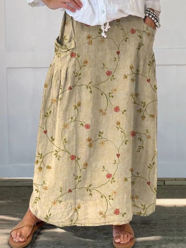 Jupe rétro en lin à fleurs pour femmes avec taille élastique et poches