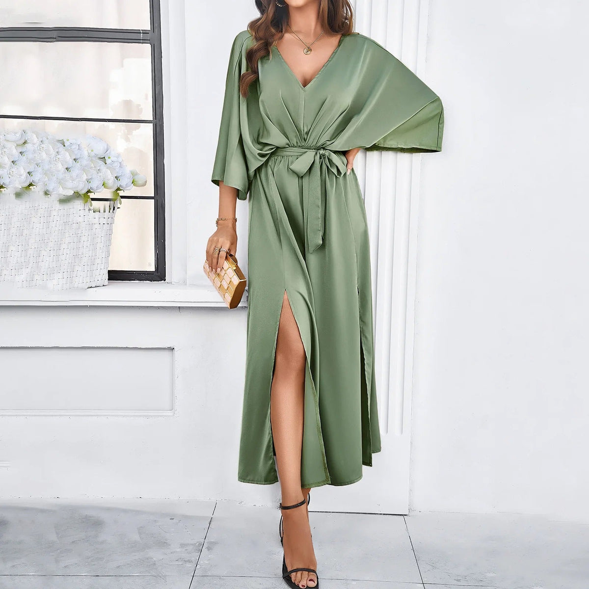 Robe Midi A-ligne pour Femmes – Avec Décolleté en V, Idéale pour les Mariages et l'Été