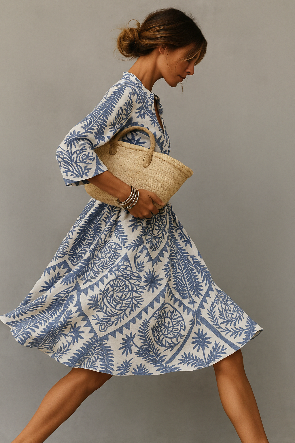 Robe Midi d'Été à Motif Boho à Col V