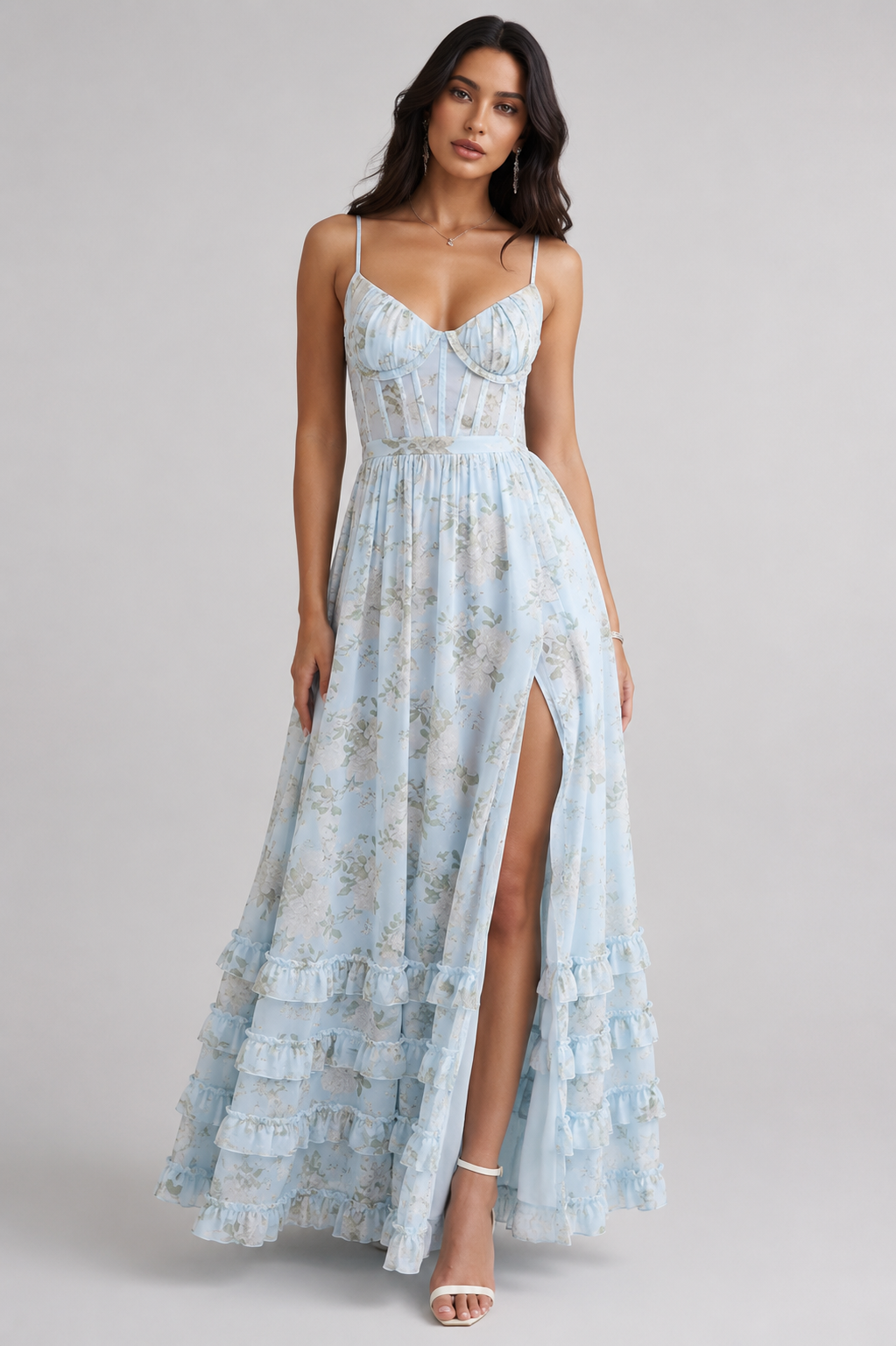 Cäcilie | Robe maxi avec bretelles spaghetti et ourlet volanté