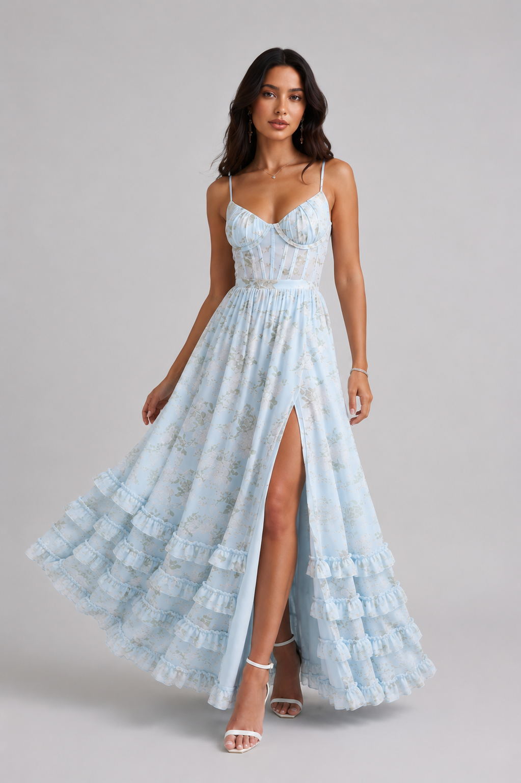 Cäcilie | Robe maxi avec bretelles spaghetti et ourlet volanté