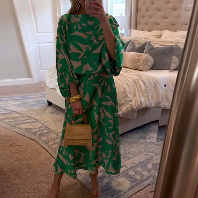 Ensemble de Robe Décontractée à Manches Lanternes Imprimées