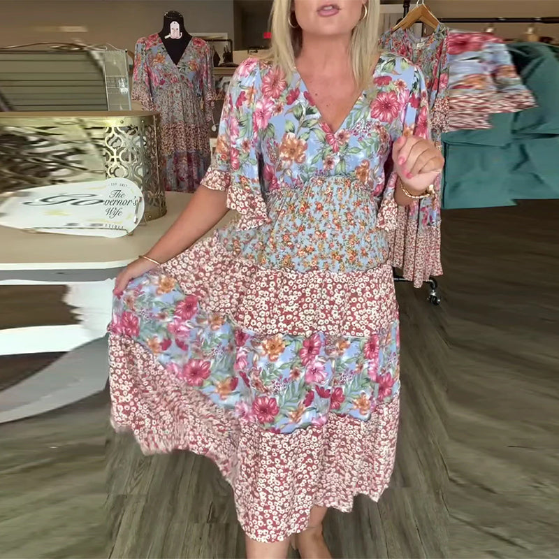 Robe Fleurie à Manches Lotus en V