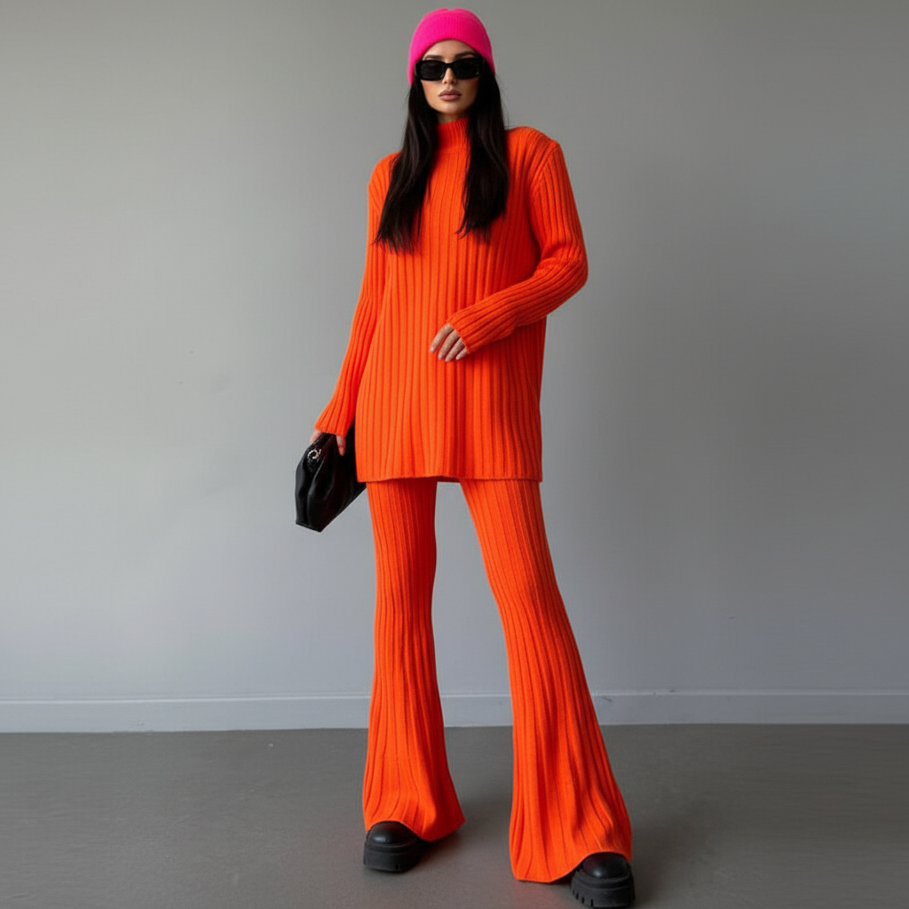 Ensemble Femme Tricoté à Côtes avec Pull Col Montant et Pantalon pour la Maison