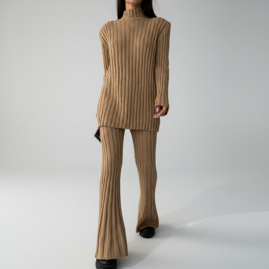 Ensemble Femme Tricoté à Côtes avec Pull Col Montant et Pantalon pour la Maison