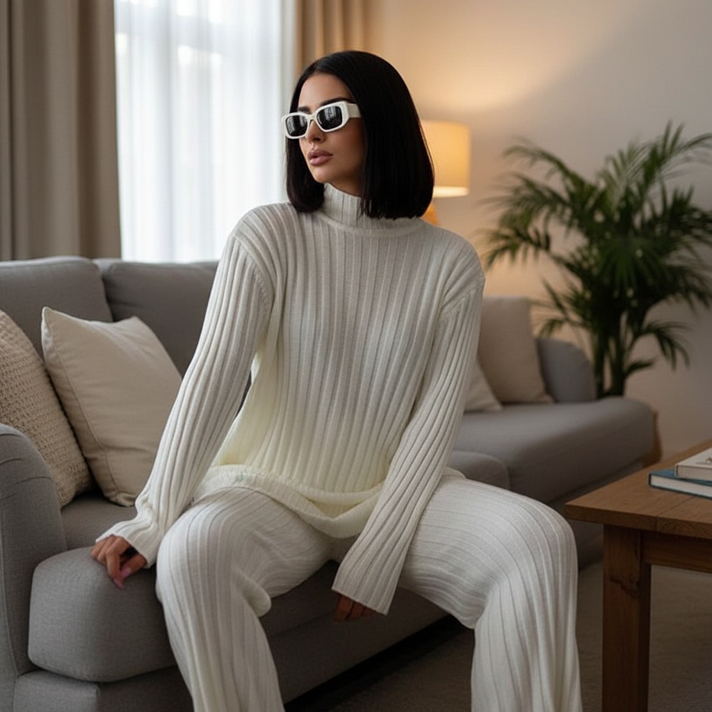 Ensemble Femme Tricoté à Côtes avec Pull Col Montant et Pantalon pour la Maison