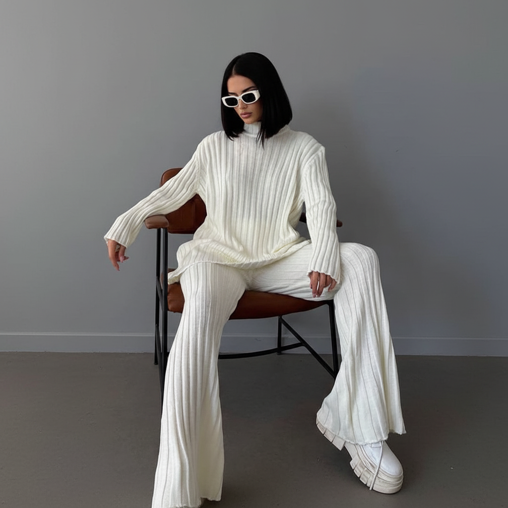 Ensemble Femme Tricoté à Côtes avec Pull Col Montant et Pantalon pour la Maison