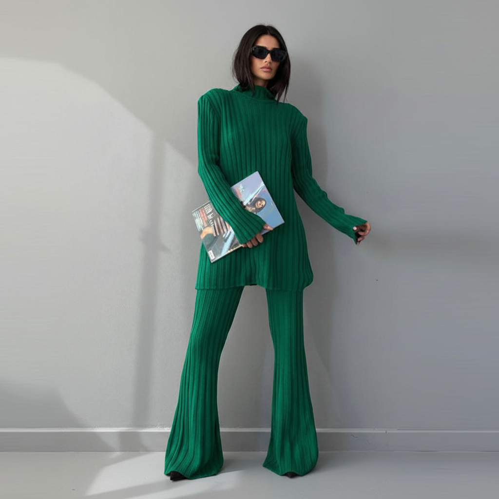 Ensemble Femme Tricoté à Côtes avec Pull Col Montant et Pantalon pour la Maison