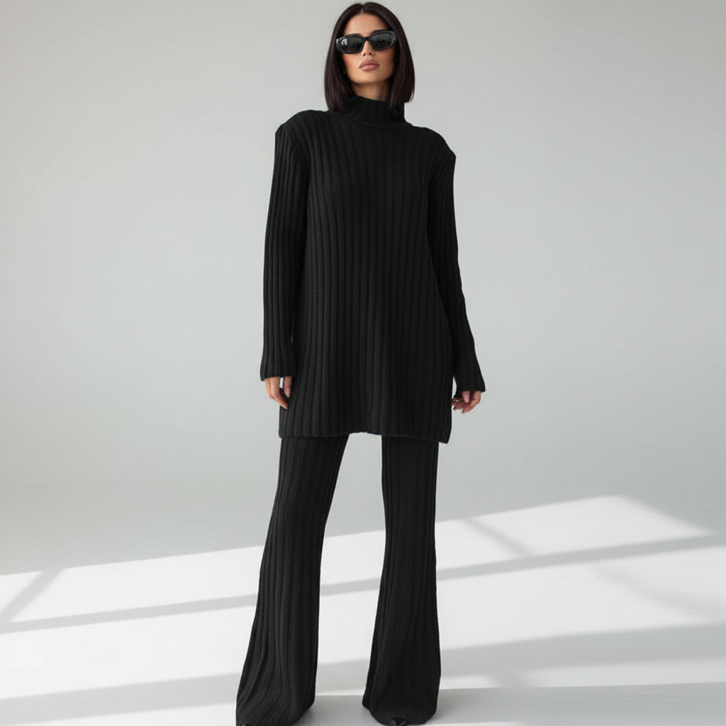 Ensemble Femme Tricoté à Côtes avec Pull Col Montant et Pantalon pour la Maison