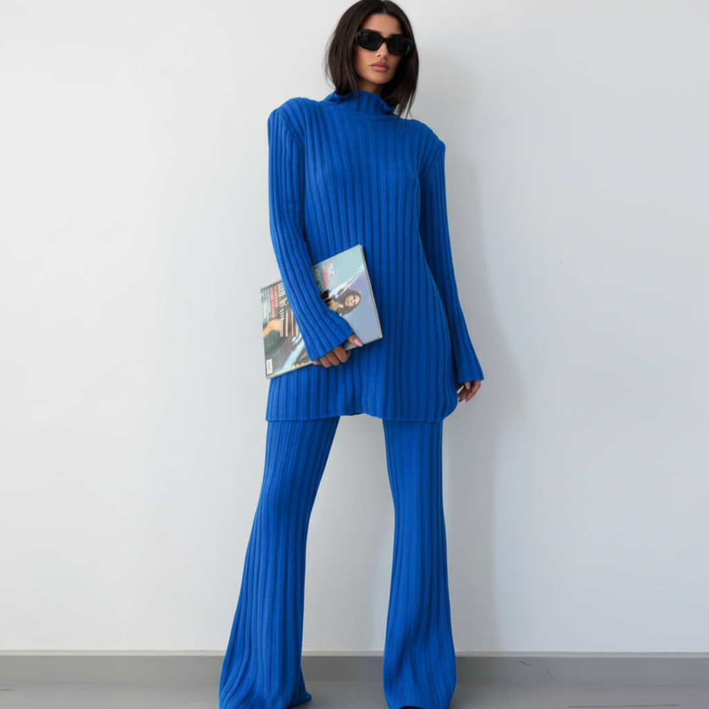 Ensemble Femme Tricoté à Côtes avec Pull Col Montant et Pantalon pour la Maison