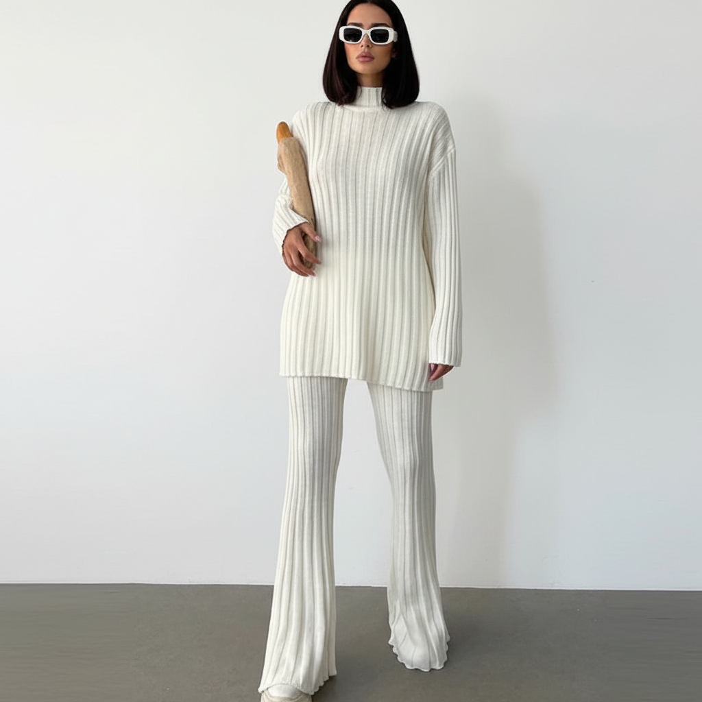 Ensemble Femme Tricoté à Côtes avec Pull Col Montant et Pantalon pour la Maison
