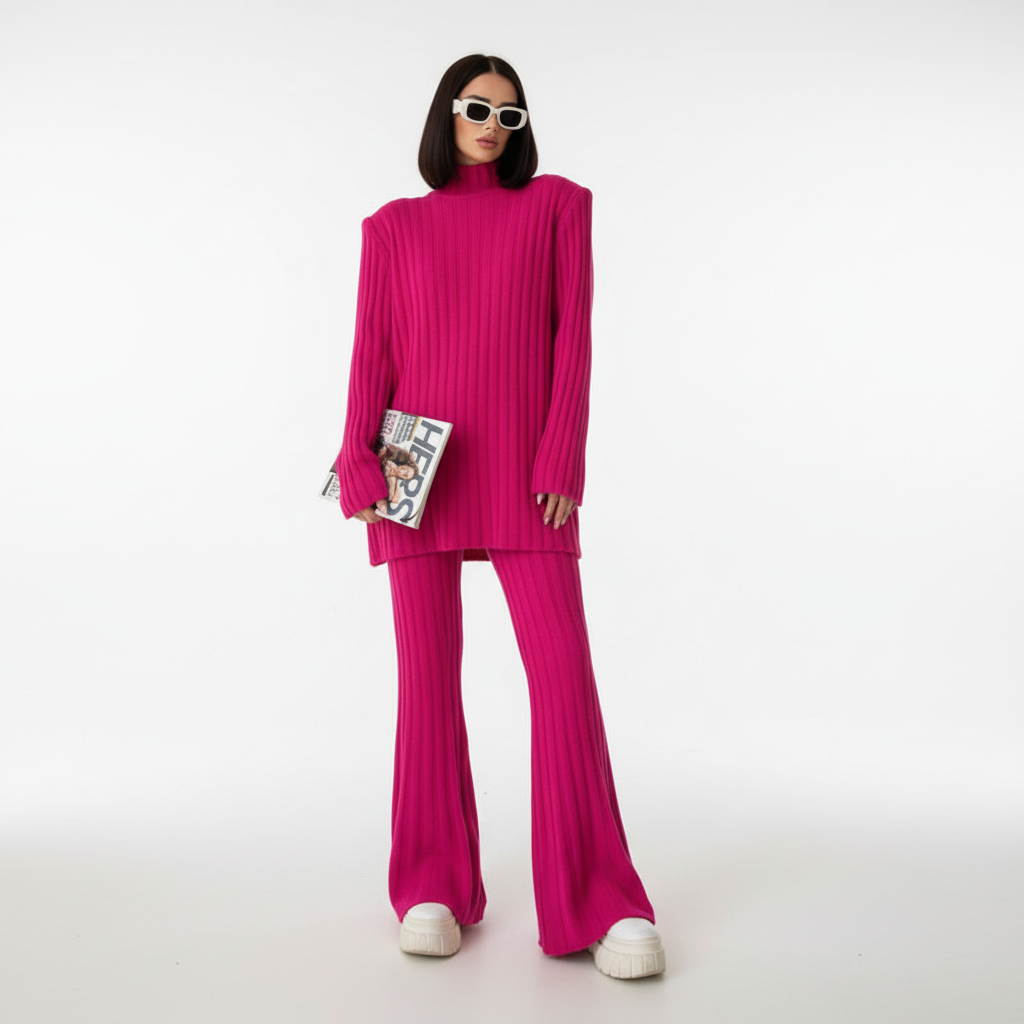 Ensemble Femme Tricoté à Côtes avec Pull Col Montant et Pantalon pour la Maison