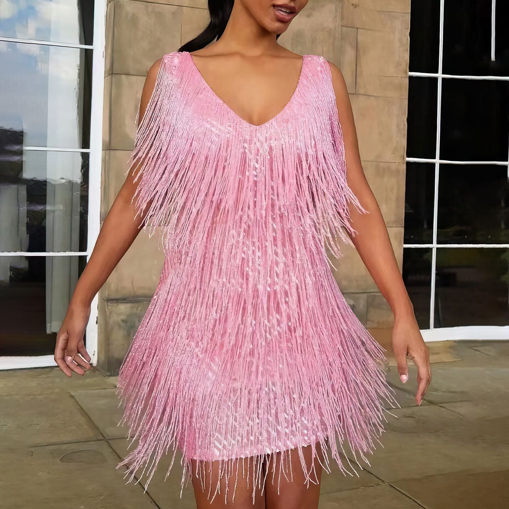Robe portefeuille femme | Éclat de sequins & Franges en mouvement | Mini-robe