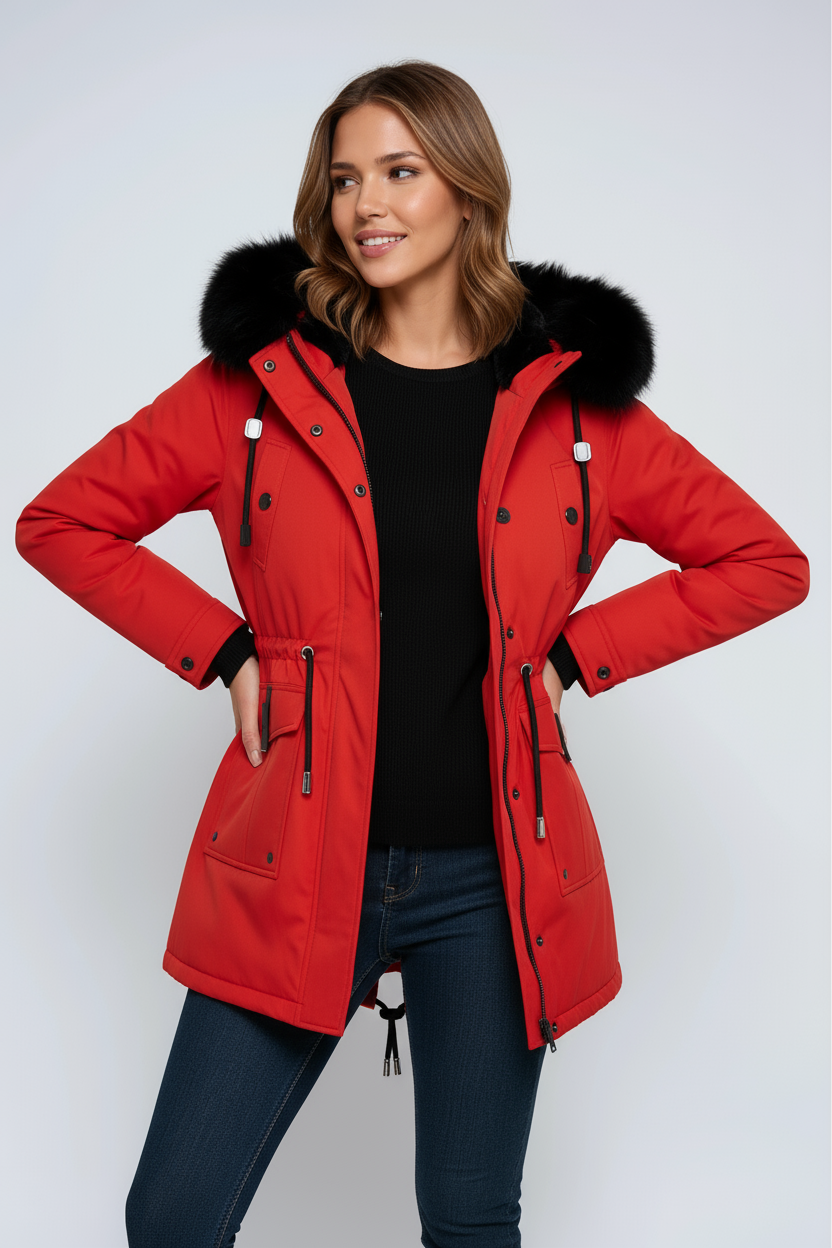 Parka d'hiver pour femmes avec capuche, poches et cordon de serrage