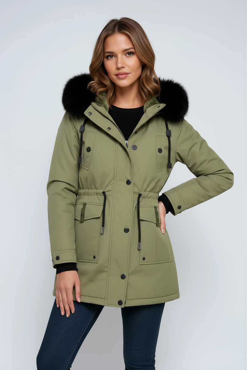 Parka d'hiver pour femmes avec capuche, poches et cordon de serrage