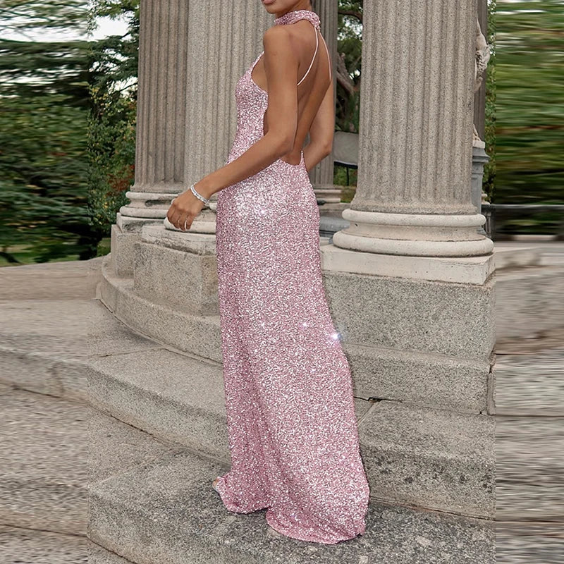 Robe Maxi à Col Halter en Sequins avec Silhouette Élegante