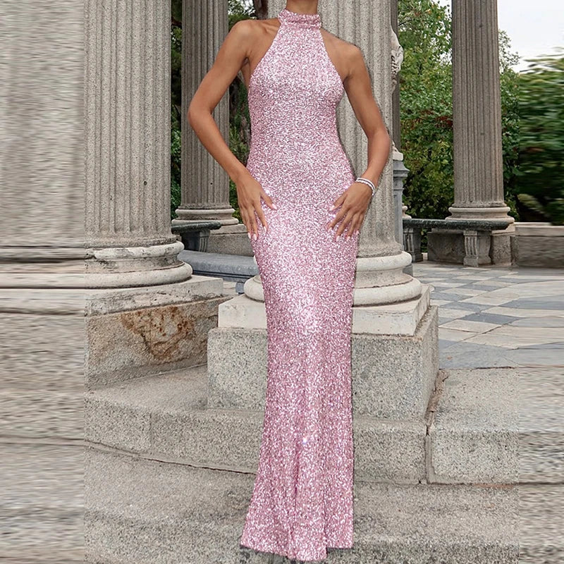 Robe Maxi à Col Halter en Sequins avec Silhouette Élegante