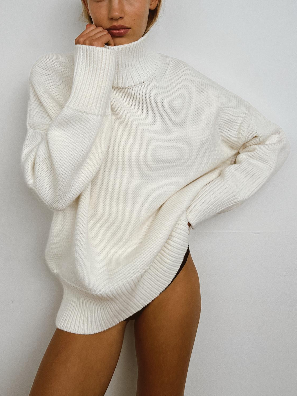 Pull Col Roulé Femme en Mélange de Laine - Pull Tricoté à Coupe Droite