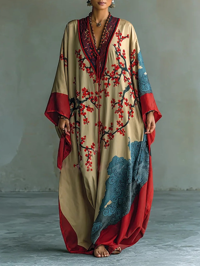 Robe maxi avec des manches chauve-souris et impression de fleurs de prunier rouge japonais