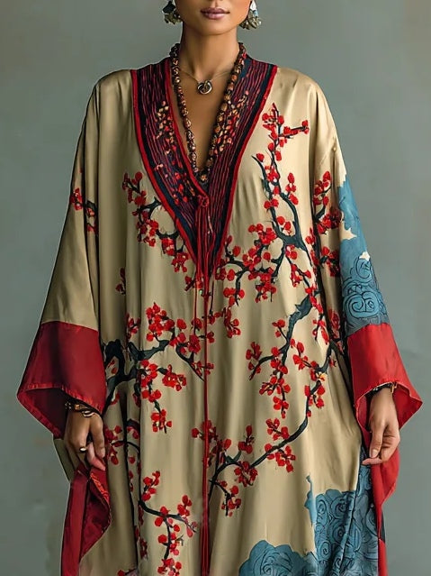 Robe maxi avec des manches chauve-souris et impression de fleurs de prunier rouge japonais