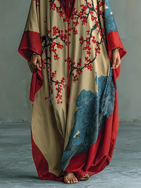 Robe maxi avec des manches chauve-souris et impression de fleurs de prunier rouge japonais
