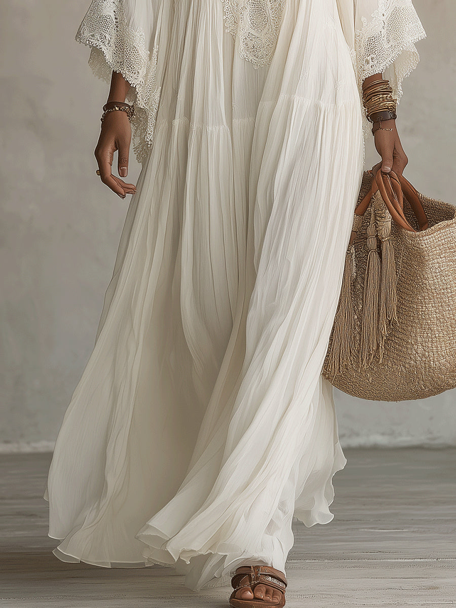 Robe longue bohème femme en chiffon ivoire avec dentelle