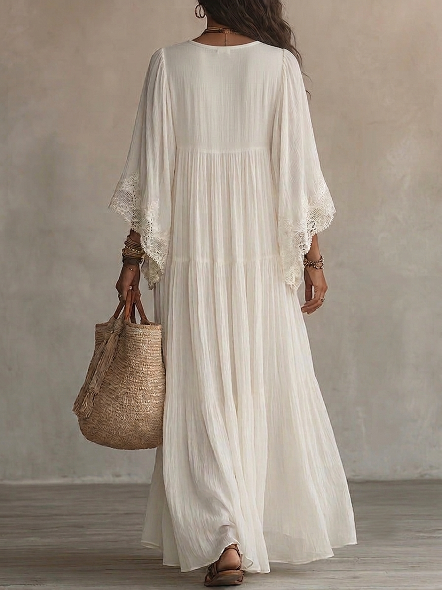Robe longue bohème femme en chiffon ivoire avec dentelle