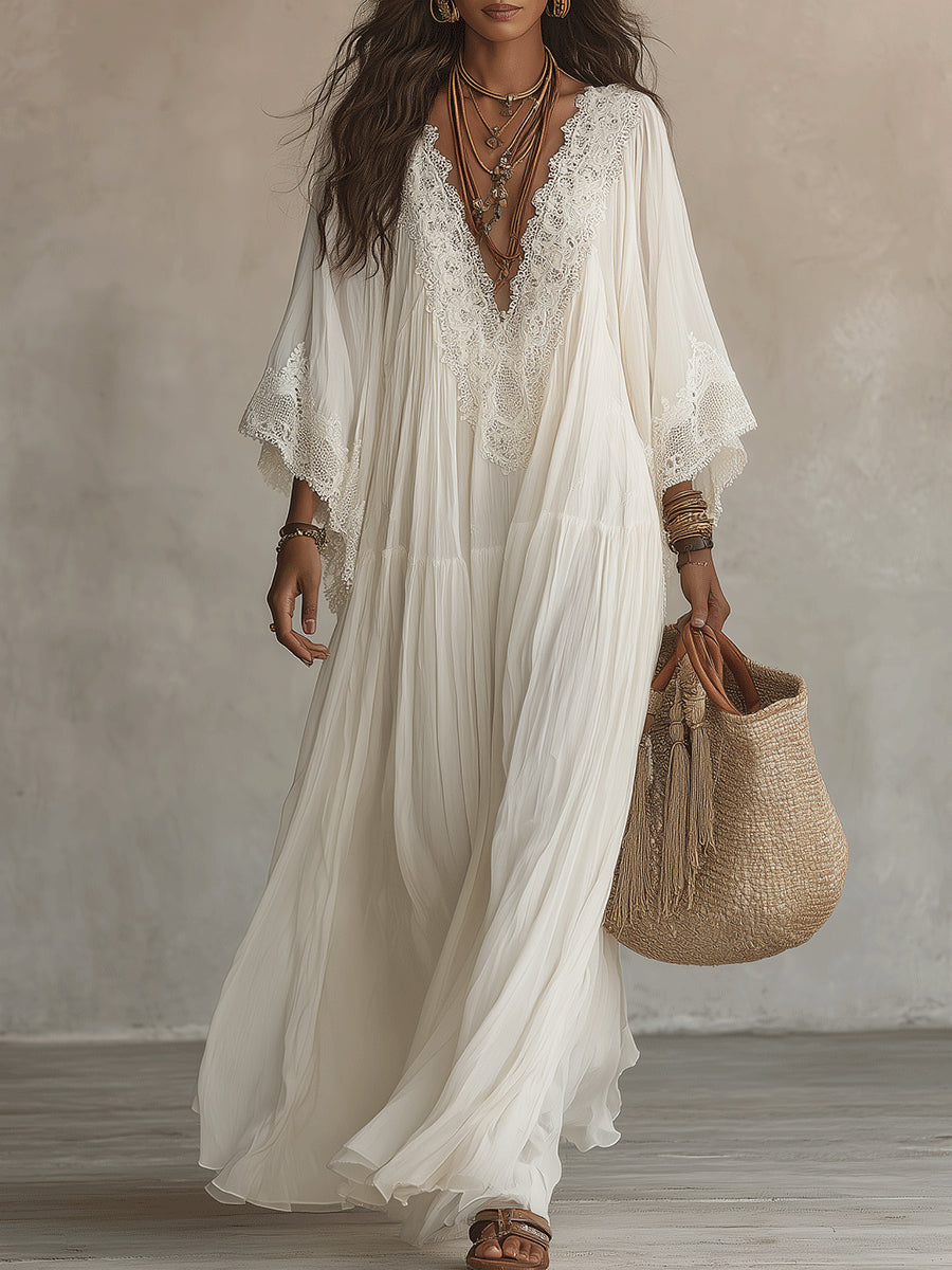 Robe longue bohème femme en chiffon ivoire avec dentelle